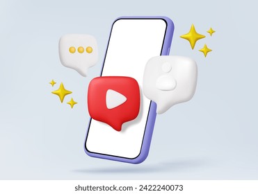 Gente cuenta personal en línea burbuja chat comentar video streaming conexión de medios sociales teléfono móvil 3d icono vector sobre fondo pastel. estilo mínimo de dibujos animados, ilustración 3d