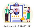 People with personnel management. Man with magnifying glass, woman with loudspeaker near clipboard with mens rating. Headhunting and recruitment. Flat vector illustration isolated on white background