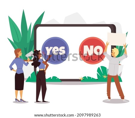People persuade to make choice, yes or no button on tablet - flat vector illustration isolated on white background. Concept of convincing and decision making process online.