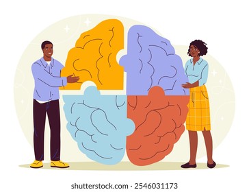 People with persuasion. Man and woman with colorful pieces of brain. Emotional and logical intelligence. Healthcare and medicine. Flat vector illustration isolated on white background
