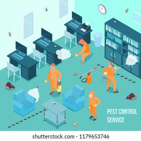 People from pest control service doing disinfection in office 3d isometric vector illustration