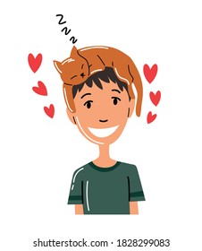 People and pet. Cat pet owner character. Ownerwith cat on head. Boy love him animal. Cute and adorable domestic animal