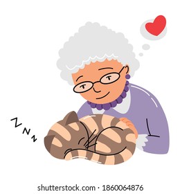 People and pet. Cat pet owner character. Owner petting your cat. Old woman love their animal. Cute and adorable domestic animal