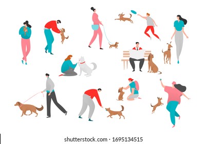 People pet dog owner vector illustration. Cartoon flat happy woman man character play together and hug, walk with own funny puppy animal on leash. Active dog training, human care isolated on white