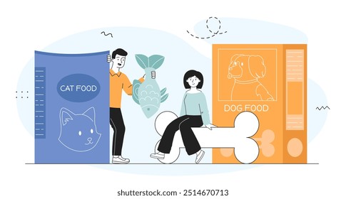 People with pet food. Man and woman near blue and yellow bags with cat and dog food. Volunteers with fish and bone. Care about domestic animals. Linear vector illustration isolated on white background