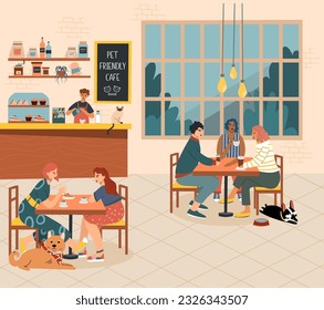 People in pet friendly cafe with dogs and cat.Vector flat illustration. Vector illustration