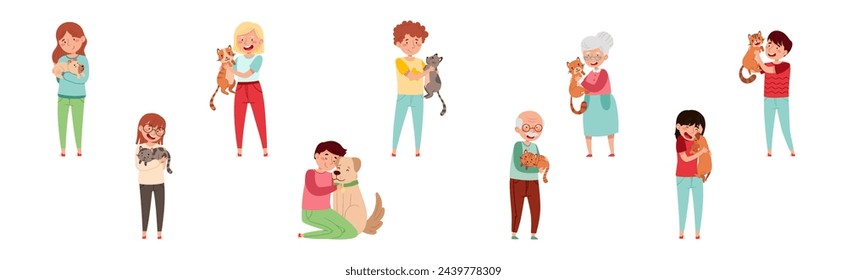 People Pet Owner with Domestic Animal Vector Set