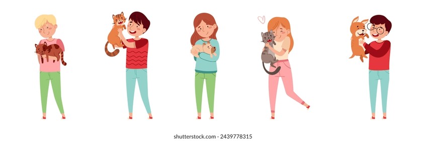 People Pet Owner with Domestic Animal Vector Set