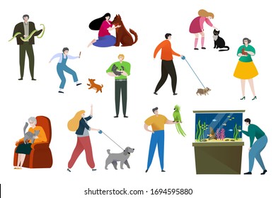 People pet owner vector illustration. Cartoon flat happy woman man character have fun with cat or dog, playing with own animal. Funny snake, parrot, fish, rabbit friend, love pet isolated on white