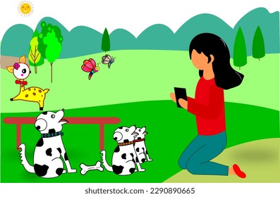 People pet owner vector illustration. Cartoon flat happy girl character has fun with dogs, playing with own animals in the park. Replaceable vector design. illustration wall for children.