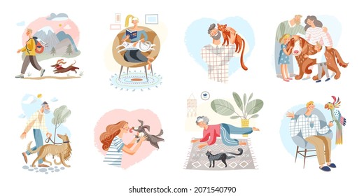 People pet owners love own animal set vector illustration. Cartoon family characters care cat or dog, happy man woman walk in park and training puppy, children hug embrace pets isolated on white