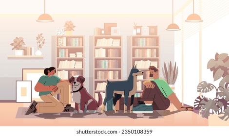 people pet owners playing with cute dogs best friends domestic animal caring for four-footed friend concept