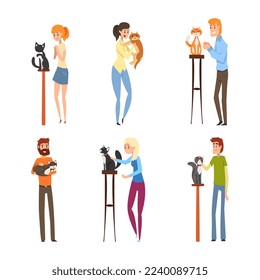 People Pet Owners Presenting their Purebred Cats at Cat Breeds Show Vector Set