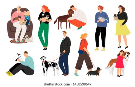 People pet owners. Smiling humans with cute happy dogs and cats, men and women persons with funny pets animals isolated on white background