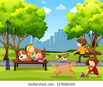 People and pet at park illustration