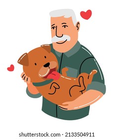 People and pet. Rabbit pet owner character. Old man holding on hands his hare. Man love his animal. Cute and adorable domestic animal
