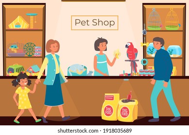 People in pet shop, store with animals, food for dogs, cute little cat, successful business, cartoon style vector illustration. Woman seller feeds parrot with banana, mom and girl came to shopping.