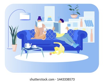 People and Pet Spending Free Time. Couple Woman and Man Sitting on Sofa at Home Reading Books and Drinking Tea, Cat Playing on Floor. Love to Animal, Leisure, Weekend, Cartoon Flat Vector Illustration