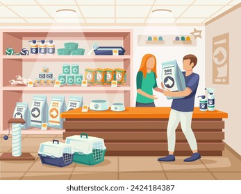 People in pet store. Customer purchasing large bag of dog food in animal care shop cartoon vector illustration. Accessories and care products for domestic characters. Man buying package for pet