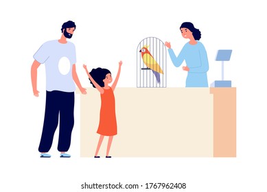 People at pet store. Dad buys parrot for daughter, bird in cage and seller. Shopping time, man girl choose animal vector illustration