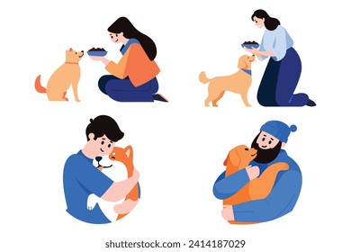 people pet their dog in flat style collection