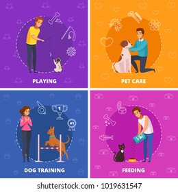 People with pets 2x2 design concept with pet care dog training playing and feeding square icons cartoon vector illustration 