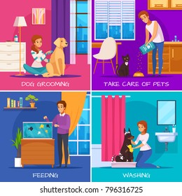 People with pets 2x2 design concept with dog grooming washing fish feeding cat care square icons cartoon vector illustration   