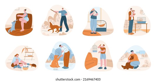 People And Pets. Active Time With Dog, Person Hold Pet. Man Woman Play With Cat And Birds. Cute Kitten And Puppy Owner, Kicky Animals And Human Vector Scenes