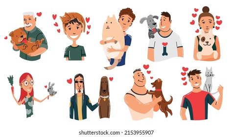 People and pets. Cat, dog and rabbit pet owner characters. Man and womans holding on hands his animals. Peoples love his animals. Cute and adorable domestic animals