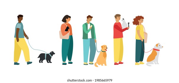 People with pets, cats and dogs, stand in line to see the veterinarian
