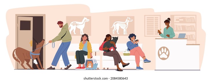 People with Pets Come to Veterinary Clinic for Treatment. Men and Women Characters with Cats, Dogs, Rats Waiting Doctor Appointment. Animals Hospital, Medicine. Cartoon People Vector Illustration