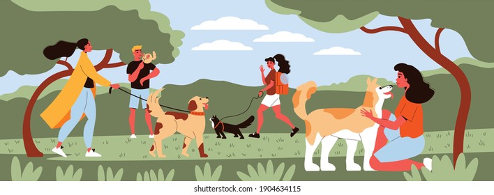 People pets composition with outdoor landscape park trees and doodle style people walking with their pets vector illustration