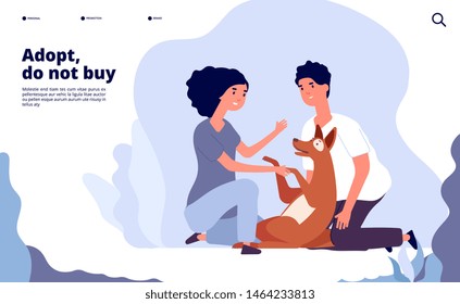 People with pets concept. Happy persons adopt pet with love. Owner hugging puppy vector landing page. Illustration of adoption dog, animal pet shelter homepage