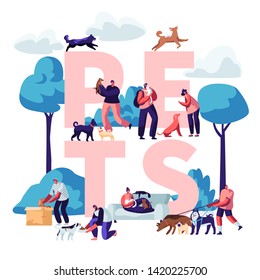 People and Pets Concept. Male and Female Characters Walking with Dogs and Cats Outdoors, Relaxing, Leisure, Love, Care of Animals Poster, Banner, Flyer, Brochure. Cartoon Flat Vector Illustration