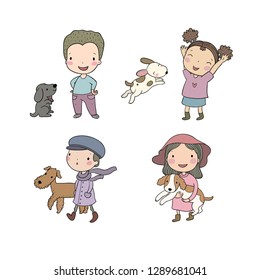 People with pets. Cute cartoon men and women with dogs. 