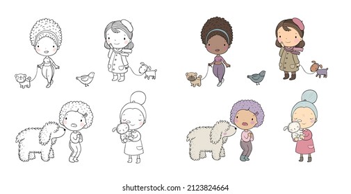 People with pets. Cute cartoon women with dogs. Illustration for coloring books. Monochrome and colored versions. 