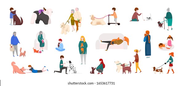 People With Pets. Diverse Cartoon Characters Walking, Playing And Running With Cats And Dogs. Vector Isolated Domestic Animals And People Outdoors Set