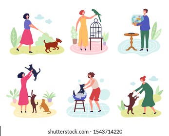 People With Pets. Dog Cats Fishes Birds Rabbits Love For Domestic Animals Vector Characters. Illustration Bird And Fish, Dog And Cat With Owner