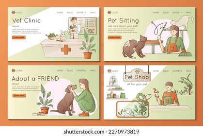 Gente con mascotas sitio web horizontal plano banners establecidos para vet clinal refugio tienda de cobijo servicio de ilustración vectorial aislada