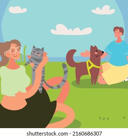 people and pets in the grass