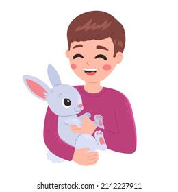 People and pets, happy boy with rabbit, vector illustration