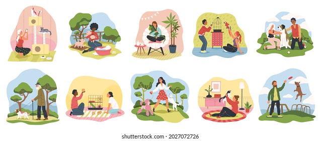People with pets. Happy owners domestic animals with dogs, cats and mini pigs, little hamsters, parrot and iguana. Men, women and kids take care, play and walk with their pet vector set