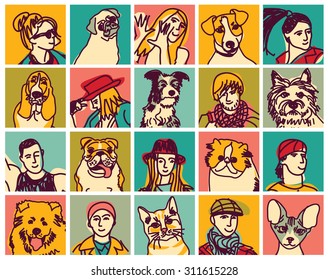 People and pets heads icons avatars set. Icons collection of pets and people. Color vector illustration. EPS8