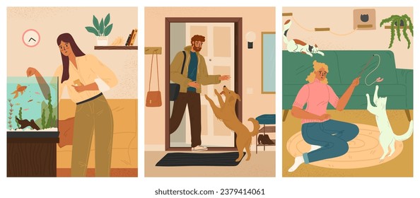 People and pets at home vector scene set