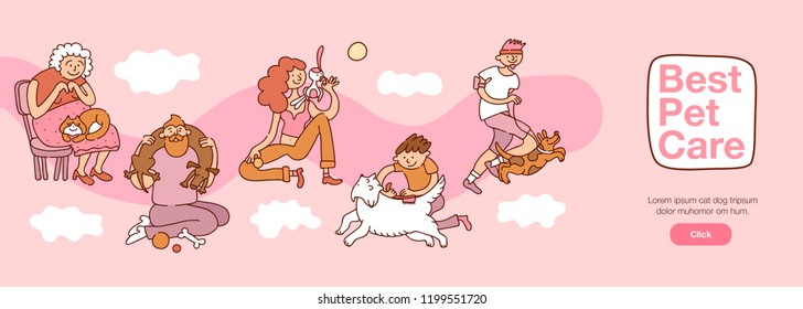 People And Pets Interaction With Best Pet Care Symbols Horizontal Flat Vector Illustration