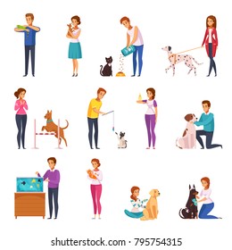 People with pets isolated icons set of owners training feeding playing grooming their pets and walking with them cartoon vector illustration     