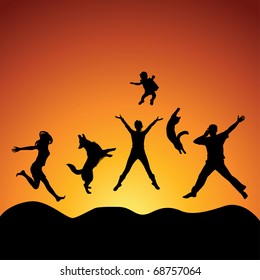 people and pets jumping over sunset, vector