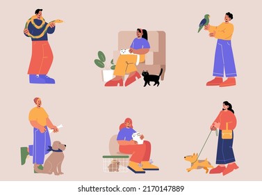 People with pets, male and female characters spend time with their home animals isolated set. Men and women playing with dogs, cats, snake, rabbit and parrot, Line art flat vector illustration