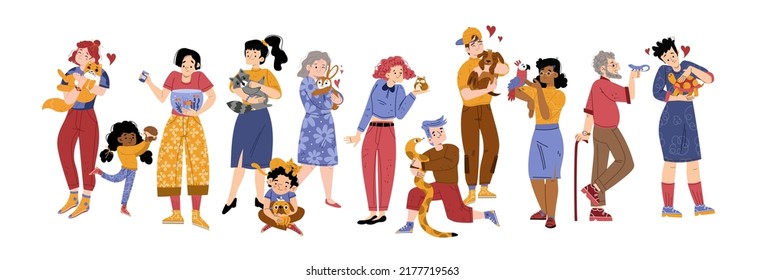 People with pets, male and female characters spend time with their home animals hedgehog, raccoon, hamster and snake, fish, rabbit, parrot, turtle, lizard and parrot Line art flat vector illustration