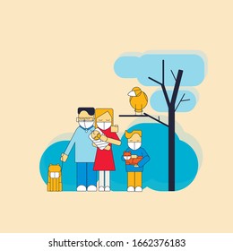 People and pets in medical masks. Mother holding newborn baby, child with cat, father with dog. Color flat vector illustration
